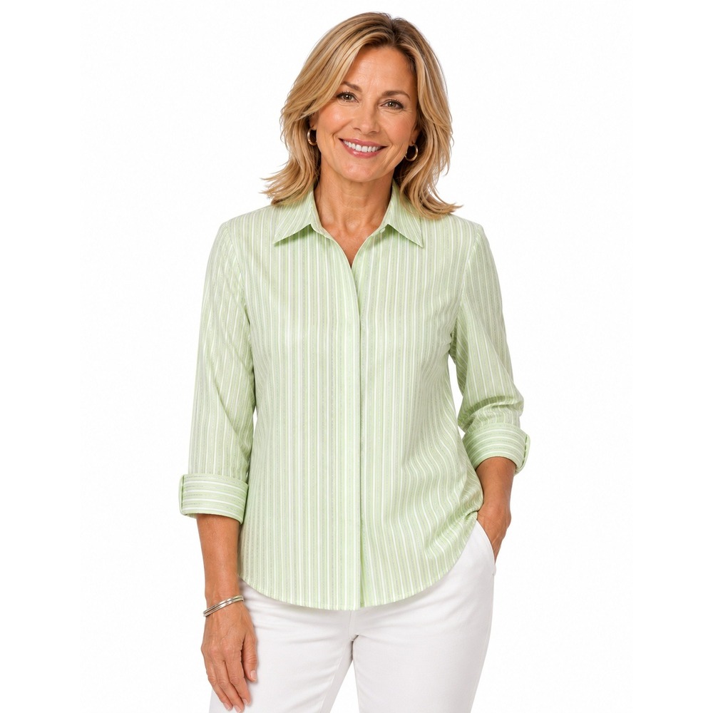 Chico's No-Iron Green White Striped Metallic Button Down Shirt Womens 0 Small